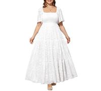 Talisea Women's Plus Size Floral Lace Wedding Boho Dress Flowy Smocked Tiered Maxi Dress, White, 26 Plus