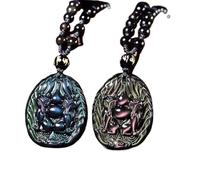 Talisman necklace, Feng Shui Amulet Fox Wu Lou Necklace Natural Black Obsidian Rainbow Eye