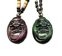 Talisman necklace, Feng Shui Pendant,Natural Black Obsidian Crystal Necklace Feng Shui Lucky Laughing Buddha Wealth Couple Necklace Talisman Prosperity Money Good Luck,Beads Rope Pendant necklace (Col