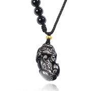 Talisman necklace, Feng Shui Pixiu/Piyao Pendant Natural Strawberry Crystal Black Obsidian