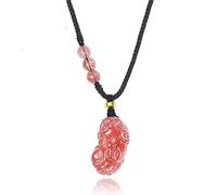Talisman necklace, Feng Shui Pixiu/Piyao Pendant Natural Strawberry Crystal Black Obsidian