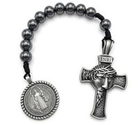 TALISMAN4U Catholic One Decade Pocket Car Rosary 10mm Hematite Prayer Beads | Jesus Crown of Thorns Cross, Saint Benedict Medal, Tenner Chaplet, Velvet Pouch & Prayer Card, Religious Gift