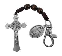 TALISMAN4U Catholic Rosary Keychain for Car St Benedict Cross Divine Mercy Virgin Mary Medal Pocket Rosary Key Chain Religious Accessory Wood Beads