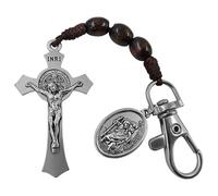 TALISMAN4U Catholic Rosary Keychain for Car St Benedict Cross Saint Christopher Pray for Us Medal Pocket Rosary Key Chain Religious Accessory Wood Beads, Brown, S