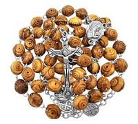 TALISMAN4U Olive Wood Carved Beads Handmade Catholic Rosary Necklace Holy Soil Medal Jesus Crucifix Cross with Certificate & Blue Velvet Rosary Pouch Holy Land Religious Gift