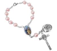 TALISMAN4U Saint Benedict One Decade Rosary for Car Rearview Mirror Holy Family Medal 8mm Glass Prayer Beads Catholic Evil Protection Auto Rosary Bracelet for Women Men (Pink Rosary Beads)