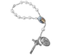 TALISMAN4U Saint Benedict One Decade Rosary for Car Rearview Mirror Holy Family Medal 8mm Glass Prayer Beads Catholic Evil Protection Auto Rosary Bracelet for Women Men (White Rosary Beads)