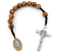 TALISMAN4U St Benedict Medal One Decade Pocket Rosary 10mm Olive Wood Prayer Beads Open Style Holy Land Tenner Rosaries Handmade Catholic Gift Linen Pouch