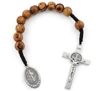 TALISMAN4U St Benedict Medal One Decade Pocket Rosary 10mm Olive Wood Prayer Beads Open Style Holy Land Tenner Rosaries Handmade Catholic Gift Linen Pouch