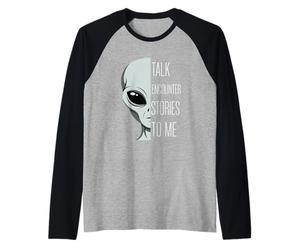 Talk Encounter Stories to Me Funny Pun and Grey Alien Raglan Baseball Tee