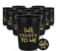 Talk Thirty to Me 30th Birthday Party Cups, Set of 12-16oz Black and Gold Stadium Cups with "Talk Thirty to Me" Button for Decorations and Birthday Party Favors (Bold Style)