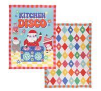 Talking Tables 2 x Christmas Tea Towels, Kitchen Towels | 2 designs, dancing Santa graphic print, harlequin pattern, machine washable, hanging loops, 50x70cm, great Christmas gift