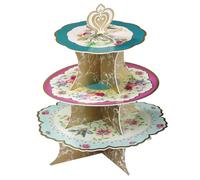 Talking Tables 3-Tier Reusable Floral Cake Stand Reversible Ideal for Afternoon Tea Party Decorations Baby Shower Wedding or Anniversary Mother's Day,Pink, Blue, Yellow,Height 36cm, 14"