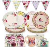 Talking Tables 50pcs Vintage Disposable Tea Party Set for 16 Guests, Mother's Day Decorations Afternoon Tea Plates Napkin Bunting & Teacups, Floral Tableware Baby Showers Birthday, Bridgerton Style
