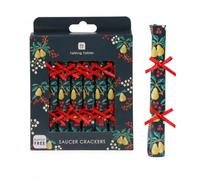 Talking Tables 8 x Handmade Saucer Christmas Crackers, Partridge, 12.5cm | Dark navy background, painterly pears & berries, red satin criss-cross ribbon, afternoon tea