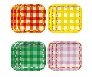 Talking Tables Gingham Plates in Orange, Yellow, Green and Purple - Colourful Paper Tableware for Easter, Birthday Party Food, Picnic, Summer - 12 Pack,18cm x 18cm, Gingplates