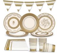 Talking Tables Gold and White Party Pack - Disposable Tableware for 16 Guests, Christmas Afternoon Tea Supplies, Paper Plates, Cups, Napkins, Table Cover & Bunting