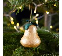 Talking Tables Gold Pear Christmas Tree Decoration Handmade 8cm | Single 8cm handmade gold pear ornament made from recycled cotton mâché with green leaf, ribbon bow and hanging loop