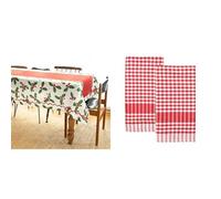 Talking Tables Holly Christmas Fabric Tablecloth & Red Gingham Tea Towels Christmas Bundle