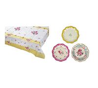 Talking Tables Truly Scrumptious Tea Party Floral Table Cover Rectangular, Paper, Pink and Yellow, 180 x 120cm, 70" x 47" & Pack of 12 (17cm) Disposable Tea Party Vintage Floral Pretty Paper Plates