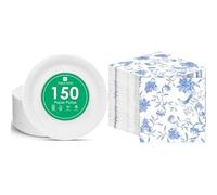 Talking Tables White Paper Plates 150pk & Blue Floral Napkins 100pk Disposable Eco Party Bundle