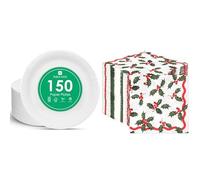 Talking Tables White Paper Plates 150pk & Christmas Holly Napkins 100pk Disposable Festive Bundle