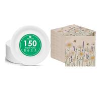 Talking Tables White Paper Plates 150pk & Daisy Floral Napkins 100pk Eco Disposable Party Bundle