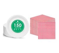 Talking Tables White Paper Plates 150pk & Red Gingham Checked Napkins 100pk Disposable Bundle