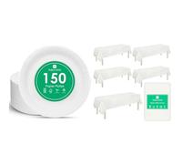 Talking Tables White Paper Plates 150pk & White Paper Table Cover 5pk Disposable Eco Party Tablecloth Bundle