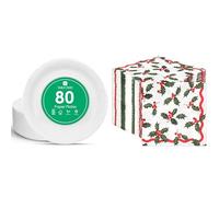 Talking Tables White Paper Plates 80pk & Christmas Holly Napkins 100pk Disposable Festive Bundle