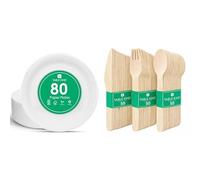 Talking Tables White Paper Plates 80pk & Wooden Cutlery 150pk Disposable Eco Biodegradable Bundle