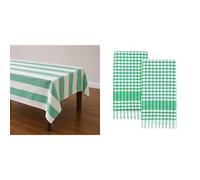 Talking Tables XL Green Stripe Cotton Tablecloth & Green Gingham Tea Towels 2pk Bundle