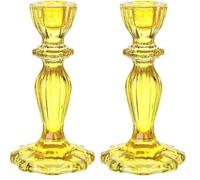 Talking Tables - Yellow Glass Candlestick Holder, Decorative Taper Candle Stand, Elegant Dinner Party Decorations, Easter Home Décor, Summer Birthday, Garden, Wedding (Pack of 2)