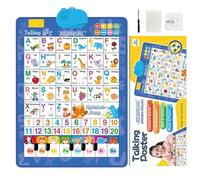 Talking Wall Chart for Kids English Spanish Learning Poster with Songs, ABCs, Numbers, Animal words Piano, Interactive Alphabet Wall Chart Gift for Boys Girls Birthdays, Xmas (Blue)
