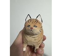 TALKLEK Cute Fat Wooden Cat Figurine Cat Statue Handmade Wooden Cat Art Carving Work for Decoration (Orange, L: 3.42" x W: 2.2" x H: 3.11")