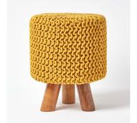 Tall 100% Knitted Cotton Pouffe Footstool with 3 Wooden Support Legs