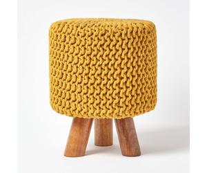 Tall 100% Knitted Cotton Pouffe Footstool with 3 Wooden Support Legs
