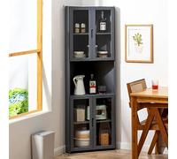 Tall Bamboo Corner Storage Cabinet Multi Functional Kitchen Rack with Acrylic Double Open Doors Free Standing Dish for Space Saving Storage Solutions