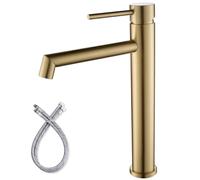 Tall Bathroom Basin Mixer Tap, High Rise Bathroom Sink Taps, Brushed Gold | Washroom Tap for Counter-top Basin, Single Lever, Modern, Stainless Steel, Flexible Hoses