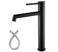 Tall Bathroom Basin Mixer Tap, High Rise Bathroom Sink Taps, Matte Black | Washroom Tap for Counter-top Basin, Single Lever, Modern, Stainless Steel, Flexible Hoses