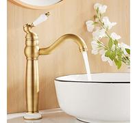Tall Bathroom Basin Mixer Taps, High Rise Tap for Counter-top Basin, Brass | Victorian Ceramic Lever & Base, Retro Faucet for Counter-top Basin, Traditional Cloakroom Faucet, 360° Swivel, Antique Brass