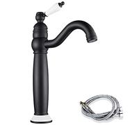 Tall Bathroom Basin Mixer Taps, High Rise Tap for Counter-top Basin, Brass | Victorian Ceramic Lever & Base, Retro Faucet for Counter-top Basin, Traditional Cloakroom Faucet, 360° Swivel, Matte Black