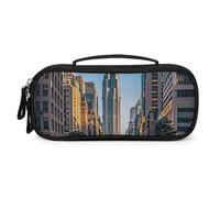 Tall Buildings in The City Pencil Case with Zipper - Large Capacity, Portable Small Cosmetic Bag for Travel, Vintage PU Leather Pencil Pouch for Women Men