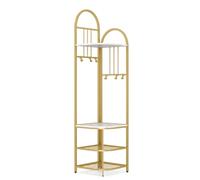 Tall Coat Rack Stand, 180cm Freestanding Corner Hall Tree with Shoe Bench, 6 Adjustable Hooks, 4-Tier Storage Shelves, Rustic Brown & Black, White & Gold Options