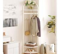 Tall Corner Coat Rack Stand 174cm - Freestanding Hall Tree with Shoe Bench 6 Hooks 4-Tier Metal Storage Shelves & Clothes nizer for Entryway Mudroom or Hallway
