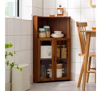 Tall Corner Storage Cabinet Multi Functional Bamboo Kitchen Storage Rack with Acrylic Double Open Doors Free Standing Dish for Space Saving Solutions