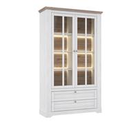 Tall Display Cabinet with Glass Doors & LED Lights - Snowy Oak & Oak Nelson
