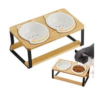 Tall Double Cat Feeding Station, Non-Slip Wooden Stand with Spill-Proof Ceramic Dishes for Small Pets, Travel-Friendly Pet Bowl Set for Urban Homes, Dogs, Kittens, Brown, 1 Set