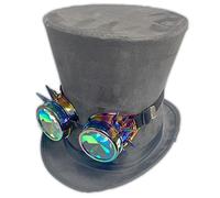 Tall Grey Top Hat & Rainbow Holographic Goggle Set Steampunk Retro Fancy Dress Party Accessories