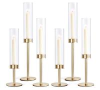 Tall Hurricane Candle Holders Set of 6, Windproof Glass Taper Candlestick Holders with Gold Metal Base, Candle Stands for Wedding, Christmas, Dining Table, Party, Home Decor (Ribbed)